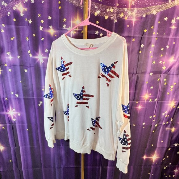 BiBi - Patriotic Sequin Star Sweatshirt - White, Red, Blue - XL - - Picture 1 of 6